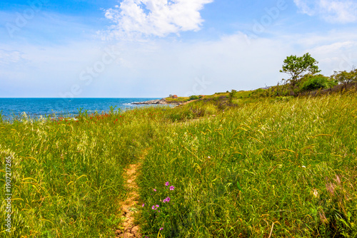 Idyllic coastal May landscape with a path through a meadow leading to the Iconostasis of St. Peter and St. Nicholas near the port of Chernomorets, Province of Burgas, Bulgarian Black Sea coast