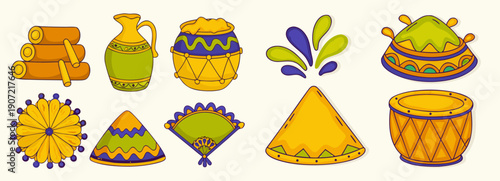 A colorful vector graphic illustration of traditional Indian festival elements and decorations