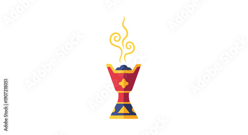 An ornate, red, gold-trimmed vase emits a yellow, swirling smoke from its opening, illustrated in a graphic style.