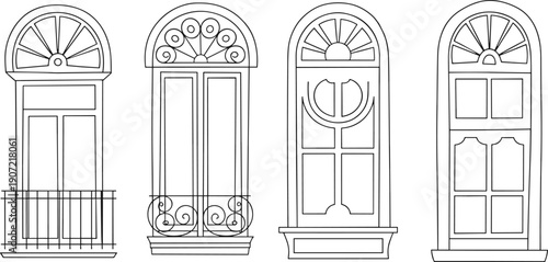 Arched window facade set with decorative balcony railings, classic architectural frames and vintage exterior building window line illustration collection