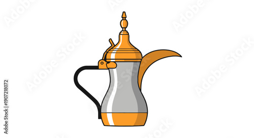 An illustration of a traditional Middle Eastern coffee pot with intricate design and vibrant colors on a white background from a front viewpoint