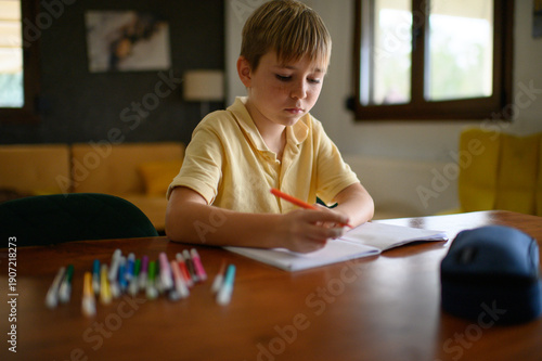 Wallpaper Mural Schoolboy sitting at a desk doing homework, writing with a marker in a workbook. Focused child studying lessons at home  Torontodigital.ca