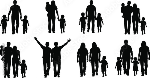 Family silhouette walking collection, parents and children together, black people icons set, happy family life illustration isolated