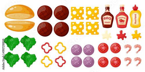 Vector collection of burger elements  isolated  on white background. Build your own burger. Parts of burger for creating  disign.Preschool printable matherial. Paper cut out. Elements for games.Vector