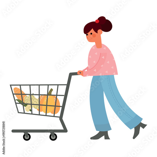 Woman Pushing Shopping Cart with Produce. White background, isolated	