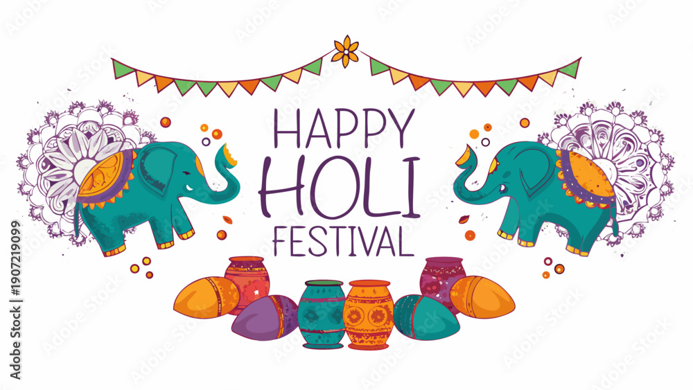 Naklejka premium A vibrant illustration celebrating the Holi Festival with colorful elephants and pots