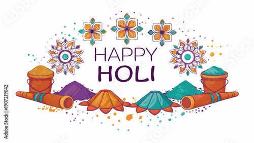 A vibrant illustration celebrating the Holi festival with colorful powders and traditional decorations