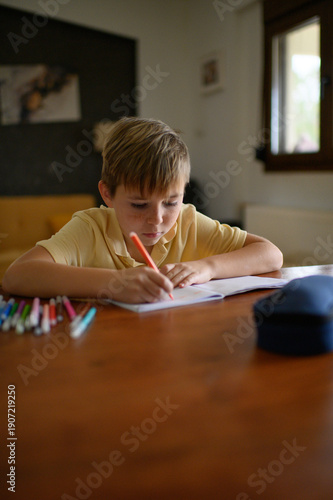 Wallpaper Mural Schoolboy sitting at a desk doing homework, writing with a marker in a workbook. Focused child studying lessons at home  Torontodigital.ca