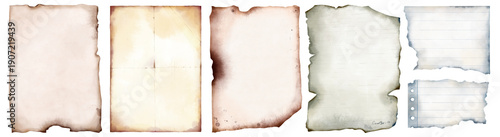 Watercolor hand drawn old paper sheet isolated on white background. Illustration of old paper sheet with worn edges. Set of yellowed parchment sheet. For vintage cards, invitations, paper page texture