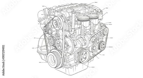 Detailed Industrial Engine Line Illustration Showing Mechanical Components And Manufacturing Technology

