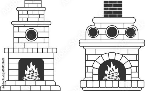 Brick fireplace chimney illustration with burning hearth flames, classic home heating interior architectural element vintage line art design