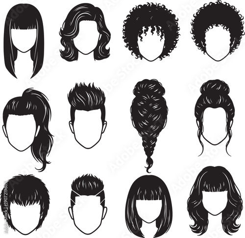 Black and white of eleven different hairstyles and one short haircut on faceless heads also transparent background