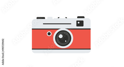 A red camera on a white background viewed from the front