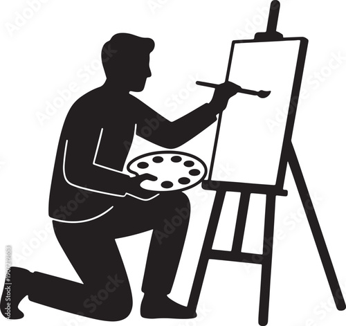 Black silhouette of a man painting on an easel with a palette also transparent background painter