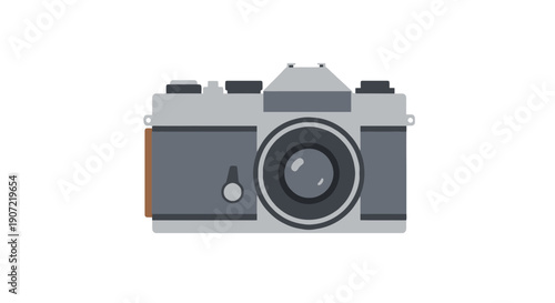 A gray camera illustration on a white background viewed from the front