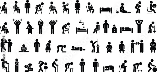 Human activity pictogram icons set showing daily life actions exercise rest work health symbols isolated on white background vector