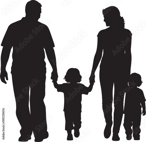 Black silhouette of family with two small children holding hands walking on white background also transparent background