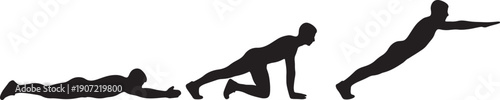 Black silhouettes of three people in different yoga poses on white background also transparent background