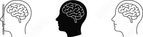 Human head brain icons set, psychology and neuroscience silhouettes, mind thinking concept, mental health outline vector illustration collection