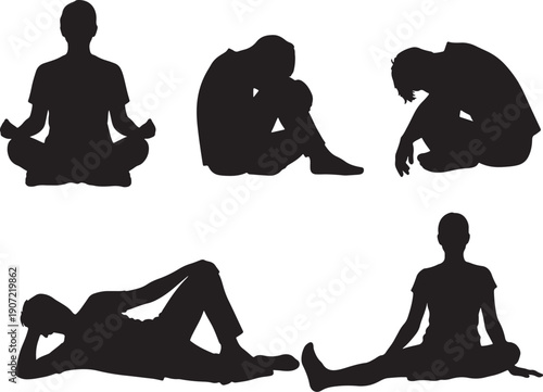 Five black silhouettes of people in various yoga poses on white background also transparent background
