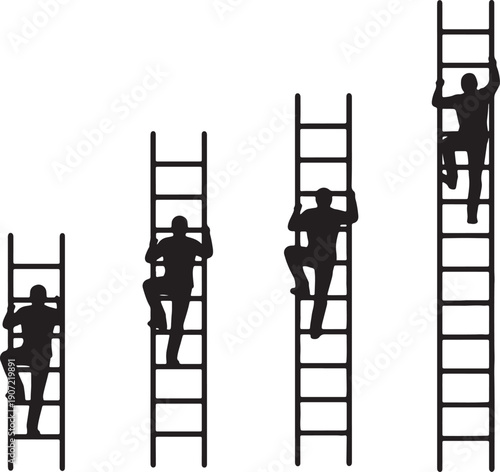 Four silhouettes climbing ladders of different heights also transparent background people black