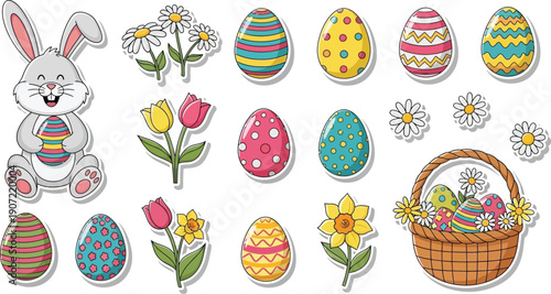 Adorable cartoon gray bunny rabbit hugging a colorful decorated egg surrounded by spring flowers and festive patterned Easter treats