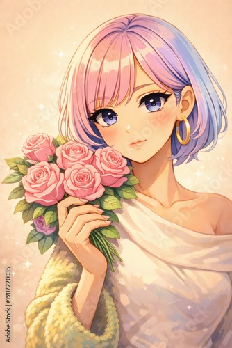 Anime Girl with Roses: Romantic, Beautiful, and Captivating Portrait