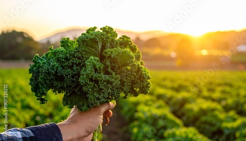 Hand holding fresh kale in a vibrant agricultural field.