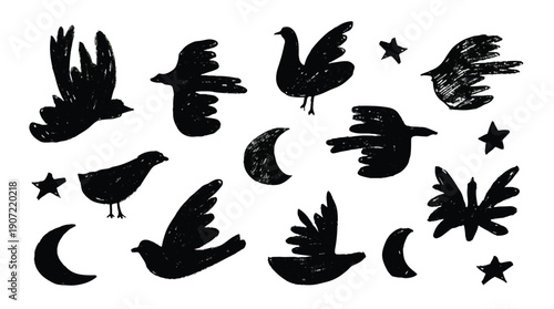 Black silhouettes of birds flying with moons and stars  night sky elements