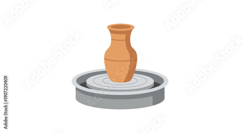 A clay pot being crafted on a potter's wheel in a studio from a front viewpoint