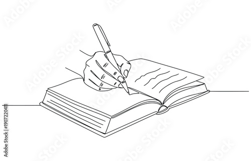 Elegant continuous line drawing capturing the act of writing in a book with a pen in hand. Dynamic single line draw design vector illustration Editable stroke
