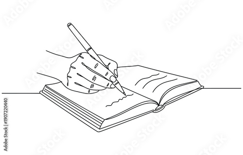 Elegant continuous line drawing capturing the act of writing in a book with a pen in hand. Dynamic single line draw design vector illustration Editable stroke