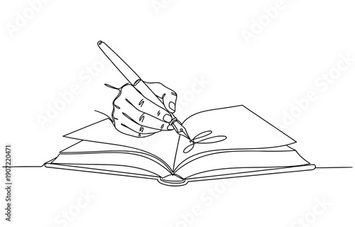 Elegant continuous line drawing capturing the act of writing in a book with a pen in hand. Dynamic single line draw design vector illustration Editable stroke