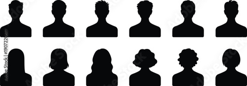 Male and female avatar silhouettes set, people profile icons collection, anonymous user head shapes, minimal black vector illustration