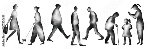 Watercolor hand drawn different human figures silhouette isolated on white background. Illustration of walking people silhouettes. Black ink style. Men, women, grandmother, child, dog