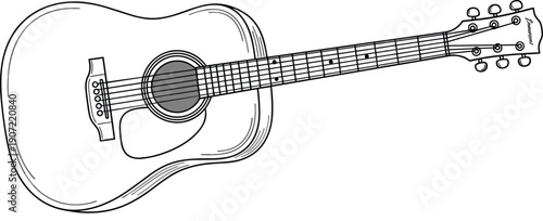 Acoustic guitar line art illustration detailed musical instrument sketch vector isolated classic string guitar design black white drawing