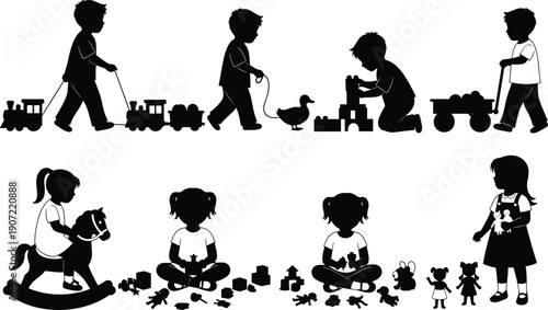 Cute kids silhouette playing toys train blocks rocking horse dolls vector illustration set childhood activity collection black white isolated bundle
