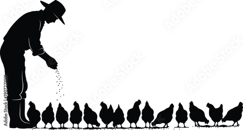 Farmer feeding chickens silhouette rural poultry farm scene agriculture worker scattering grain vector illustration isolated countryside concept