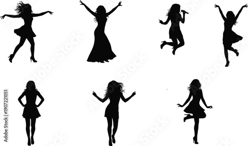 Female singer and dancer silhouette set with microphone jumping posing performance show vector illustration isolated stylish women collection bundleWeb