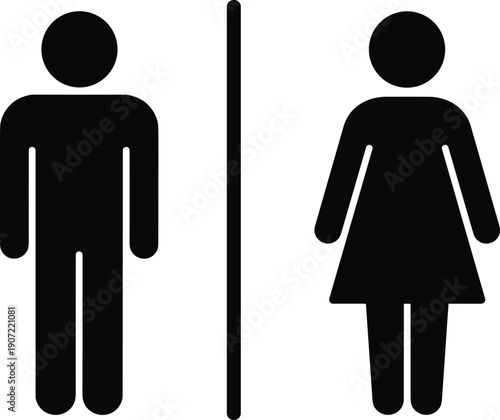 Male female restroom icon silhouette showing men women toilet symbols, gender bathroom sign, black pictogram isolated white background