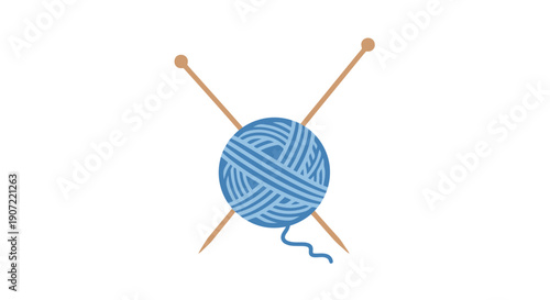 A blue ball of yarn with knitting needles illustration from a direct view