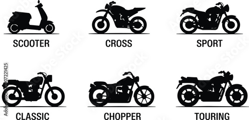Motorcycle silhouette icon set showing scooter, cross, sport, classic, chopper, touring bikes, black motorbike illustrations isolated white