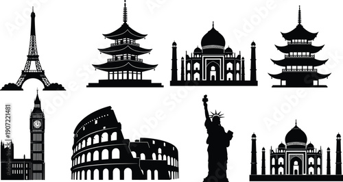 World famous landmarks silhouette set Eiffel Tower Taj Mahal Colosseum pagoda statue travel architecture vector illustration collection bundle