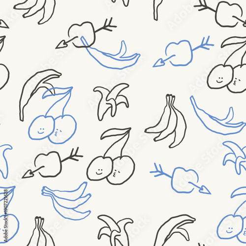 Seamless pattern with cherry and bananas in hand drawn style.Element for decoration design mail posts postcards poster print invitation background backdrop wrapping wallpaper banner textile