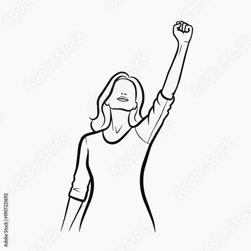 A minimalist line drawing depicts a woman with a raised fist symbolizing strength and defiance presented as a striking silhouette high quality professional