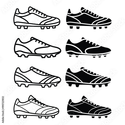 Eight soccer cleats in outline and solid black styles