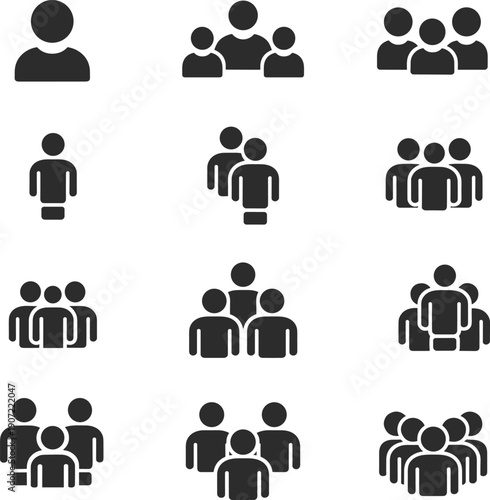 People group icons set, user community silhouettes, social network teamwork symbols, multiple users avatar vector illustration collection for web design