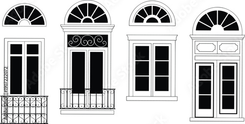 Classic window and balcony facade set with arched frames, decorative railings and vintage architectural exterior elements line illustration style