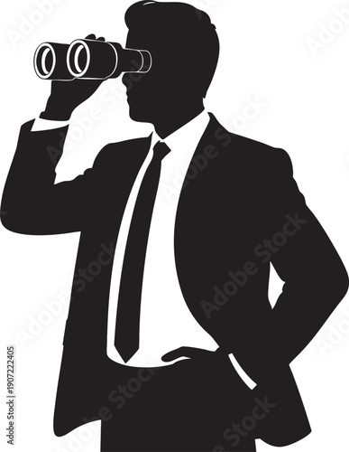 Businessman in suit looking through binoculars, symbolizing vision and foresight in business