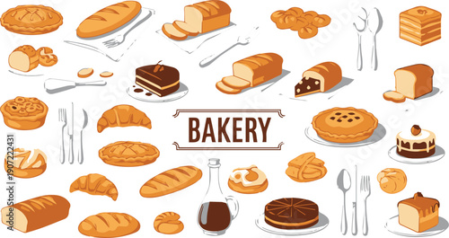 Assorted baked goods arranged around a bakery sign on a white background.